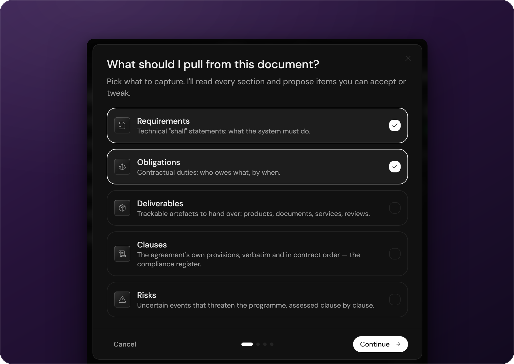 The derive-items dialog on a violet gradient card
