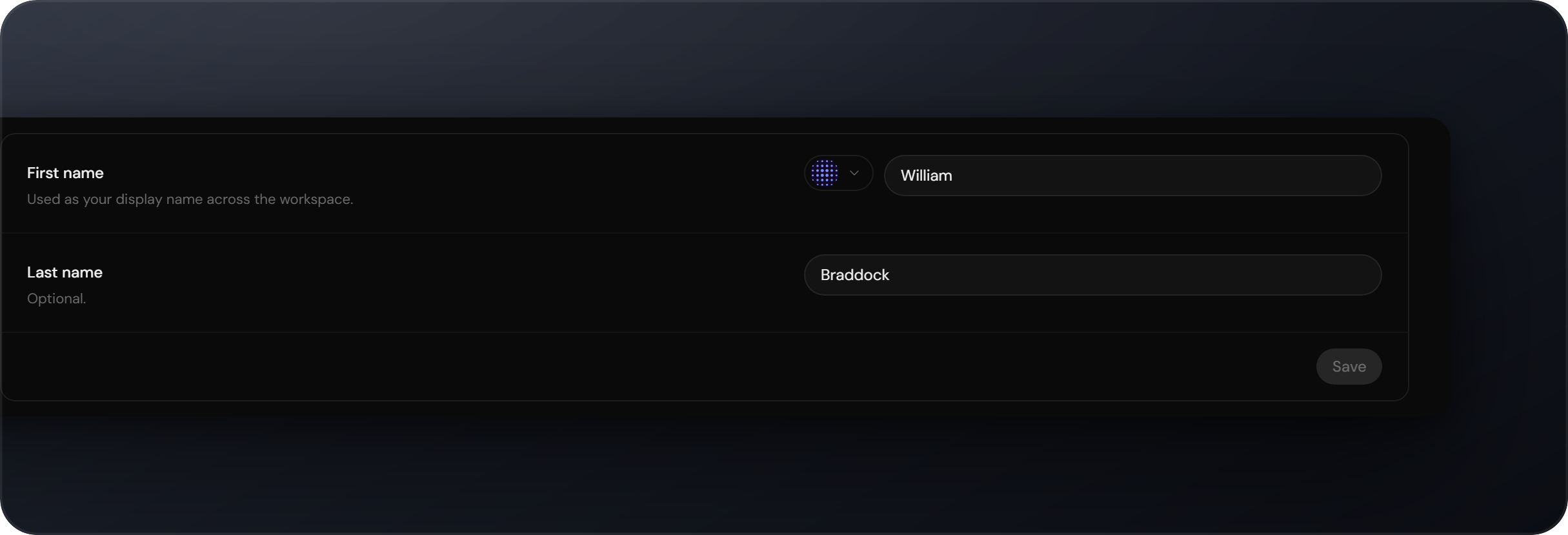 Engera profile settings card with first name, last name and the avatar picker
