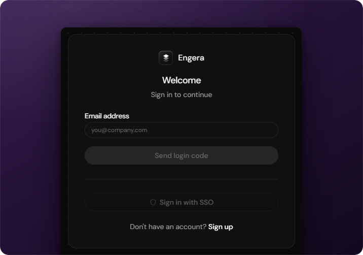 Engera-Anmeldedialog mit E-Mail-Feld und der Schaltfläche zum Senden des Login-Codes
