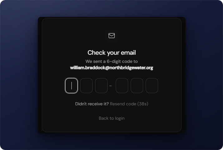 Engera-Bestätigungsdialog mit sechs Eingabefeldern für den per E-Mail gesendeten Login-Code und einer Option zum erneuten Senden